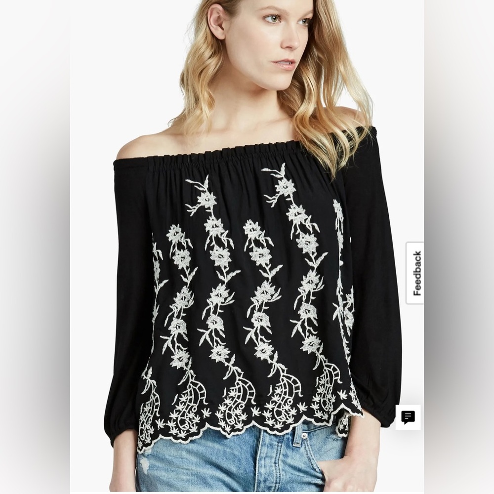 Lucky Brand Small Black Embroidered Off-the-Shoulder Top NWT | Boho Chic - Picture 1 of 9